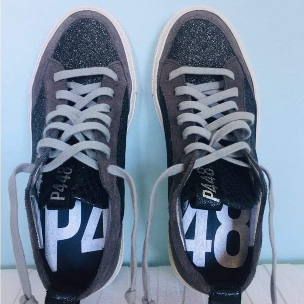 P448 Women’s  Leather Mix Media Metallic Glitter Sneakers Size 35/US 5-5…